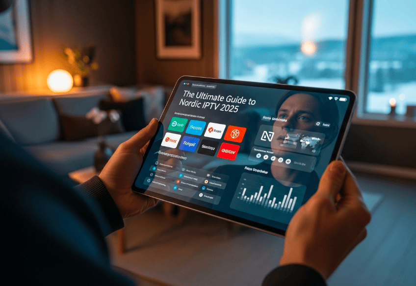 En karta över Norden med logotyper för svenska, norska, danska och finska TV-kanaler för att illustrera konceptet med Nordisk IPTV.