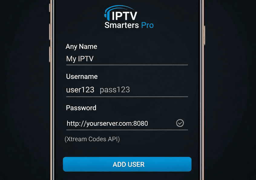 En bild som visar inloggningsskärmen för IPTV Smarters Pro-appen, med fälten för Xtream Codes API ifyllda.